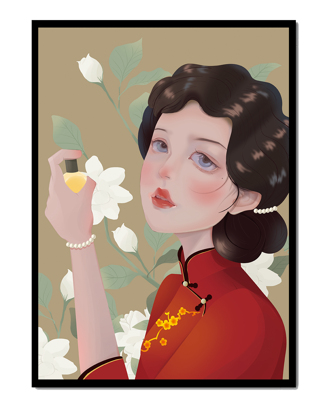 Captivating portrait of a woman in traditional attire with floral backdrop