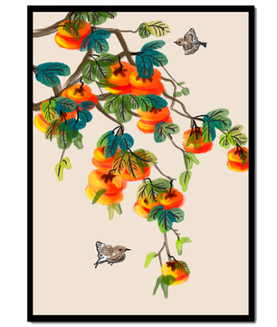 Branch with vibrant persimmons and birds illustration