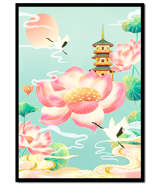 Paysage serein avec des fleurs de lotus et une pagode traditionnelle