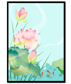 Loteo de flores de loto ilustrativas con hojas y peces koi en un estanque sereno
