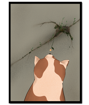 Chat observant une fleur poussant sur un mur fissuré