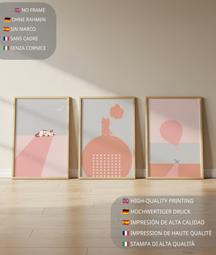 Triptyque minimaliste avec chats et ballon en ton rose