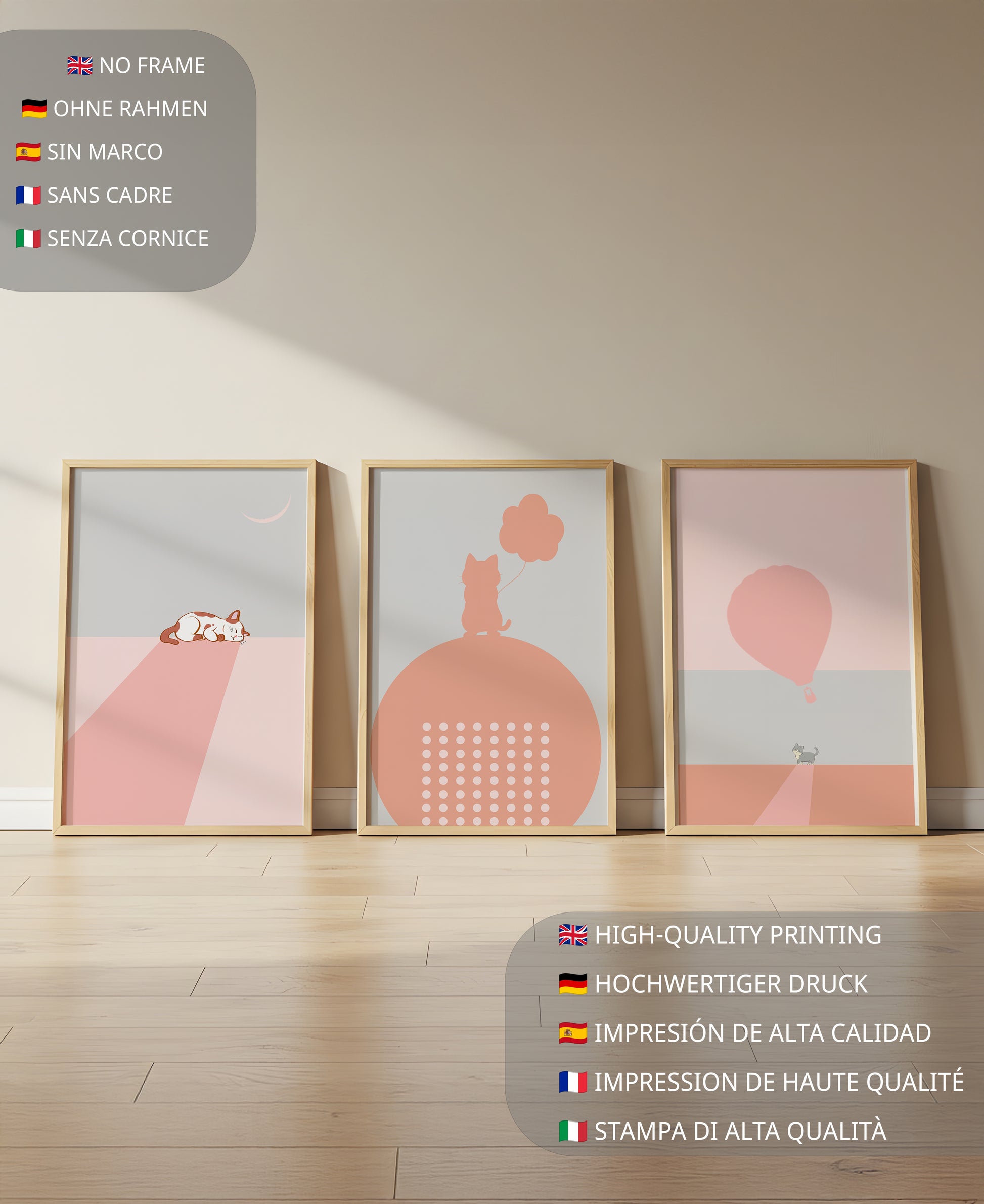 Triptyque minimaliste avec chats et ballon en ton rose