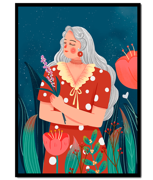 Serene illustration of a woman with flowers under a starry night sky