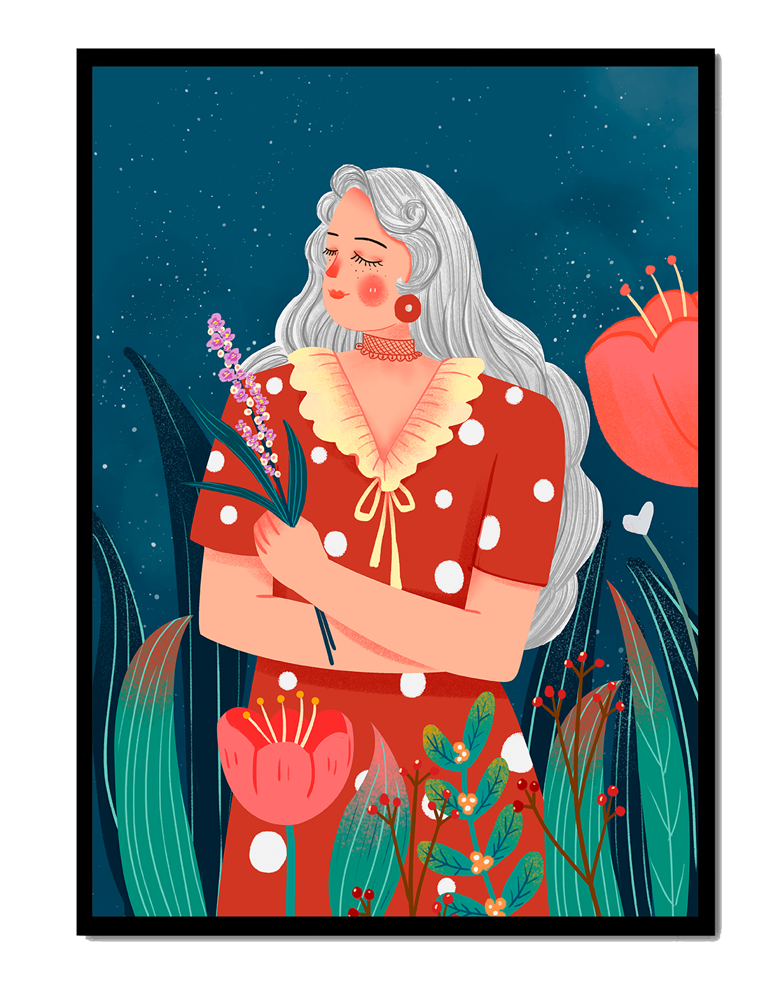 Serene illustration of a woman with flowers under a starry night sky