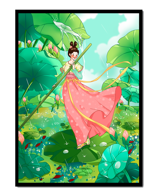 A whimsical scene of a girl in traditional dress among vibrant lotus leaves