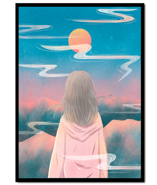 Ruhige Landschaft mit Silhouette, die den Sonnenuntergangshimmel und die Wolken betrachtet