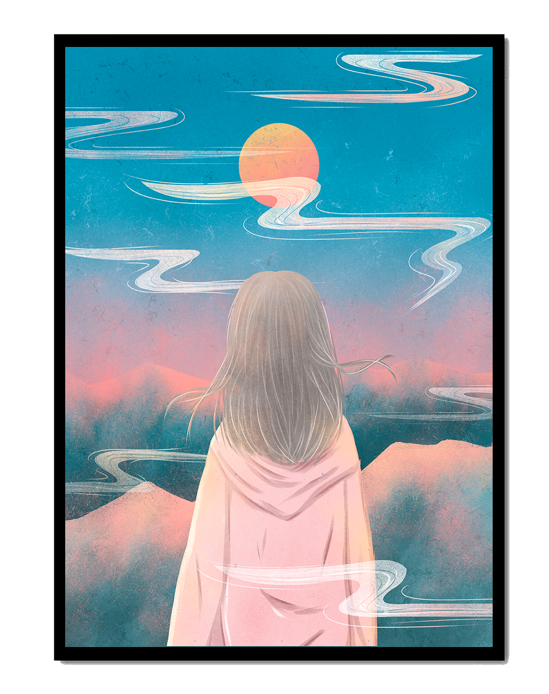 Ruhige Landschaft mit Silhouette, die den Sonnenuntergangshimmel und die Wolken betrachtet