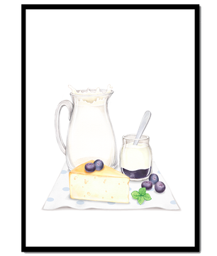 Illustration of dairy products with blueberries on polka dot cloth