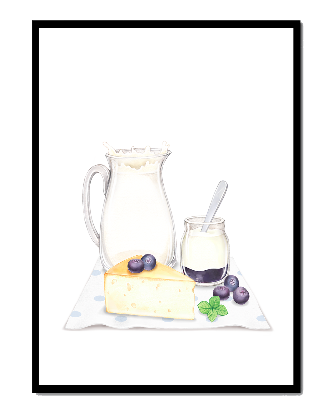 Ilustración de productos lácteos con arándanos sobre tela de lunares.