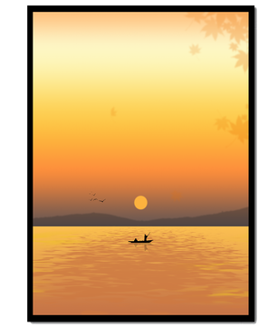 Atardecer sereno con canoas en un lago tranquilo
