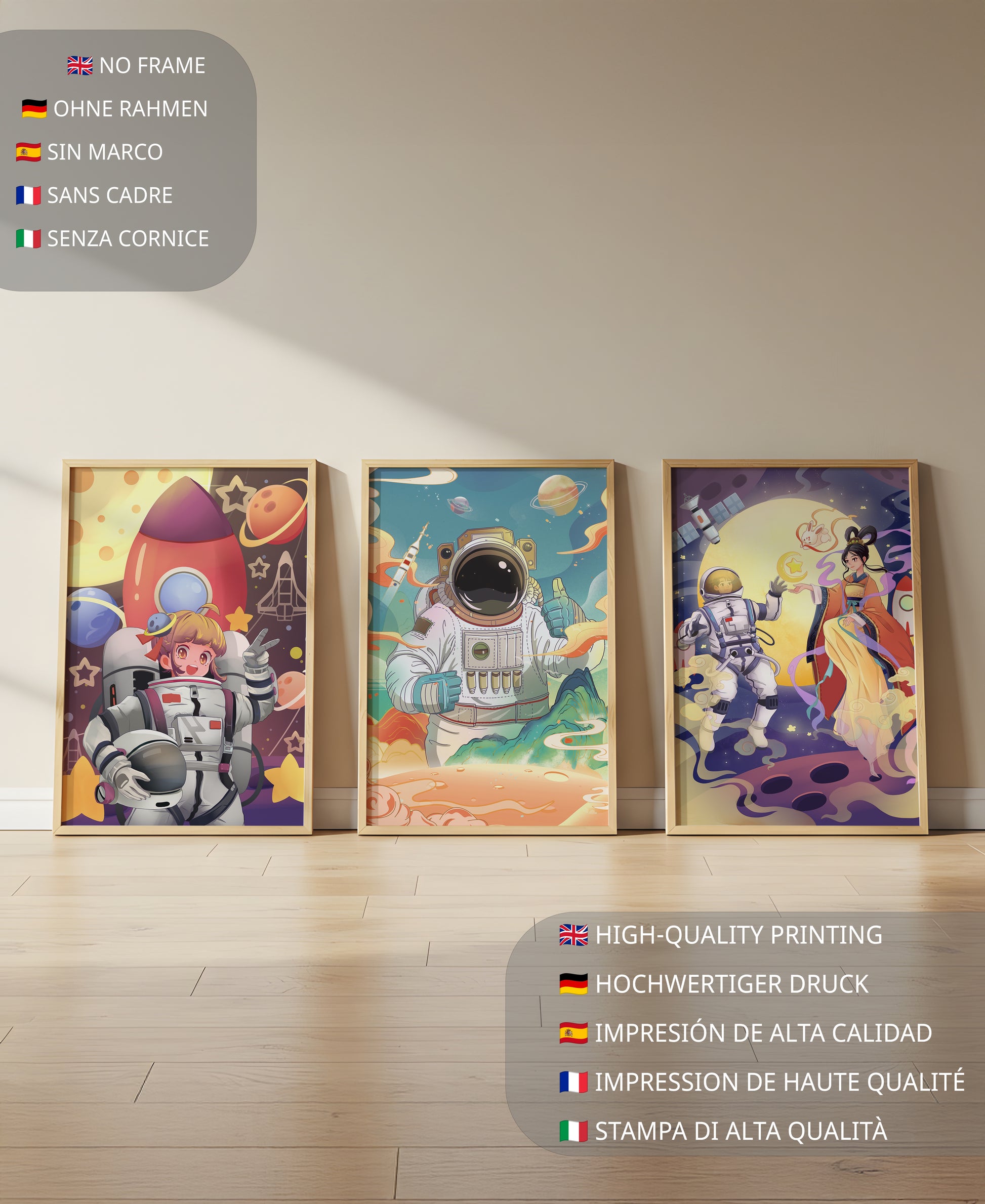 Bunte Weltraumszenen mit Astronautenfiguren und fantastischen Landschaften