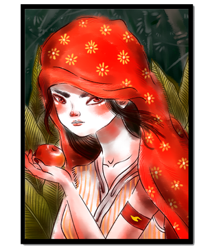 Illustration d'une fille en capuchon rouge tenant une pomme dans une forêt
