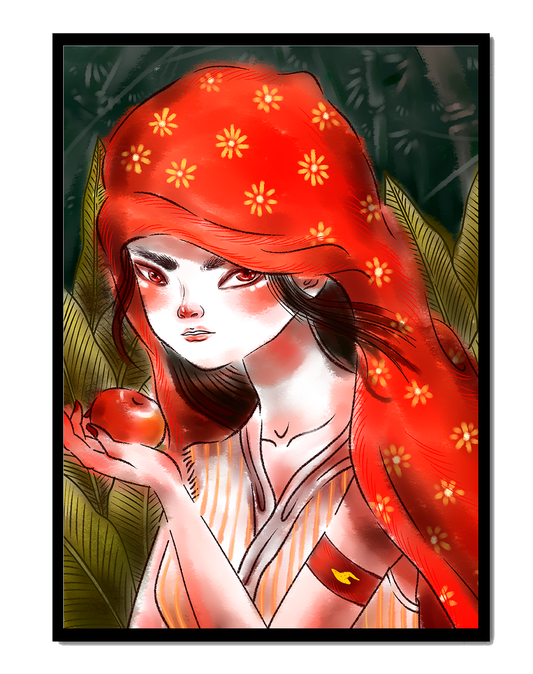Illustration of a girl in a red hood holding an apple in a forest
