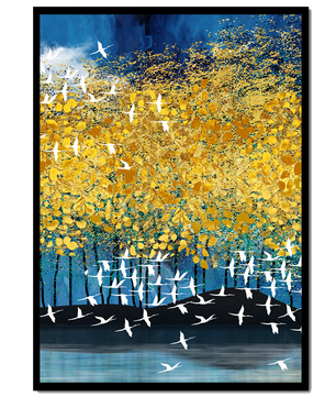 Paisaje abstracto con follaje dorado y aves voladoras