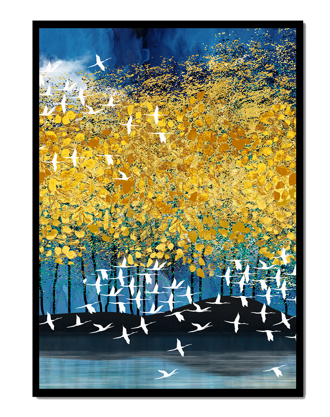 Paisaje abstracto con follaje dorado y pájaros volando