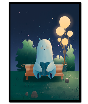 Ilustración nocturna acogedora con una criatura leyendo bajo un cielo estrellado