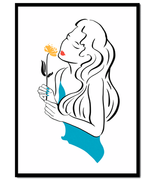 Ilustración estilizada de una mujer con una flor y elementos abstractos