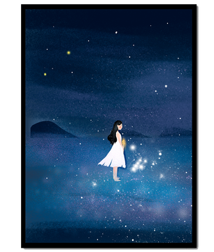 Niña en vestido blanco mirando al cielo estrellado