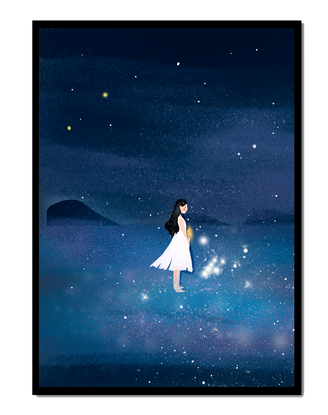 Girl in White Dress Gazing at Starry Night Sky