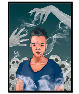 A Person Surrounded by Smoke and Ghostly Hands with Skulls in the Background