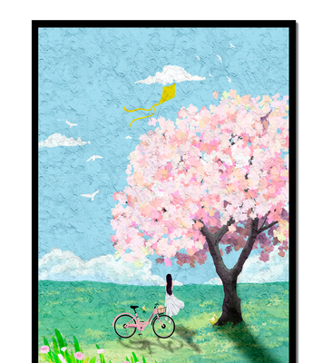 Springtime scene with cherry blossom and girl with bicycle
