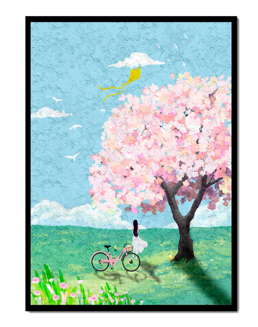 Springtime scene with cherry blossom and girl with bicycle