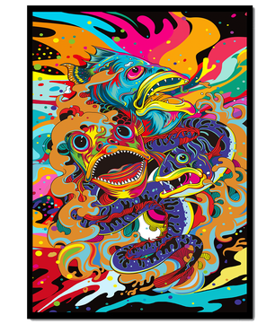 Arte abstracto de peces coloridos con elementos vibrantes