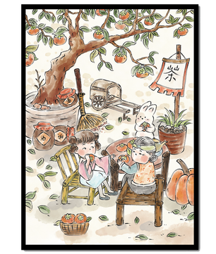 Peaceful Afternoon in a Japanese Garden with Tea and Persimmons