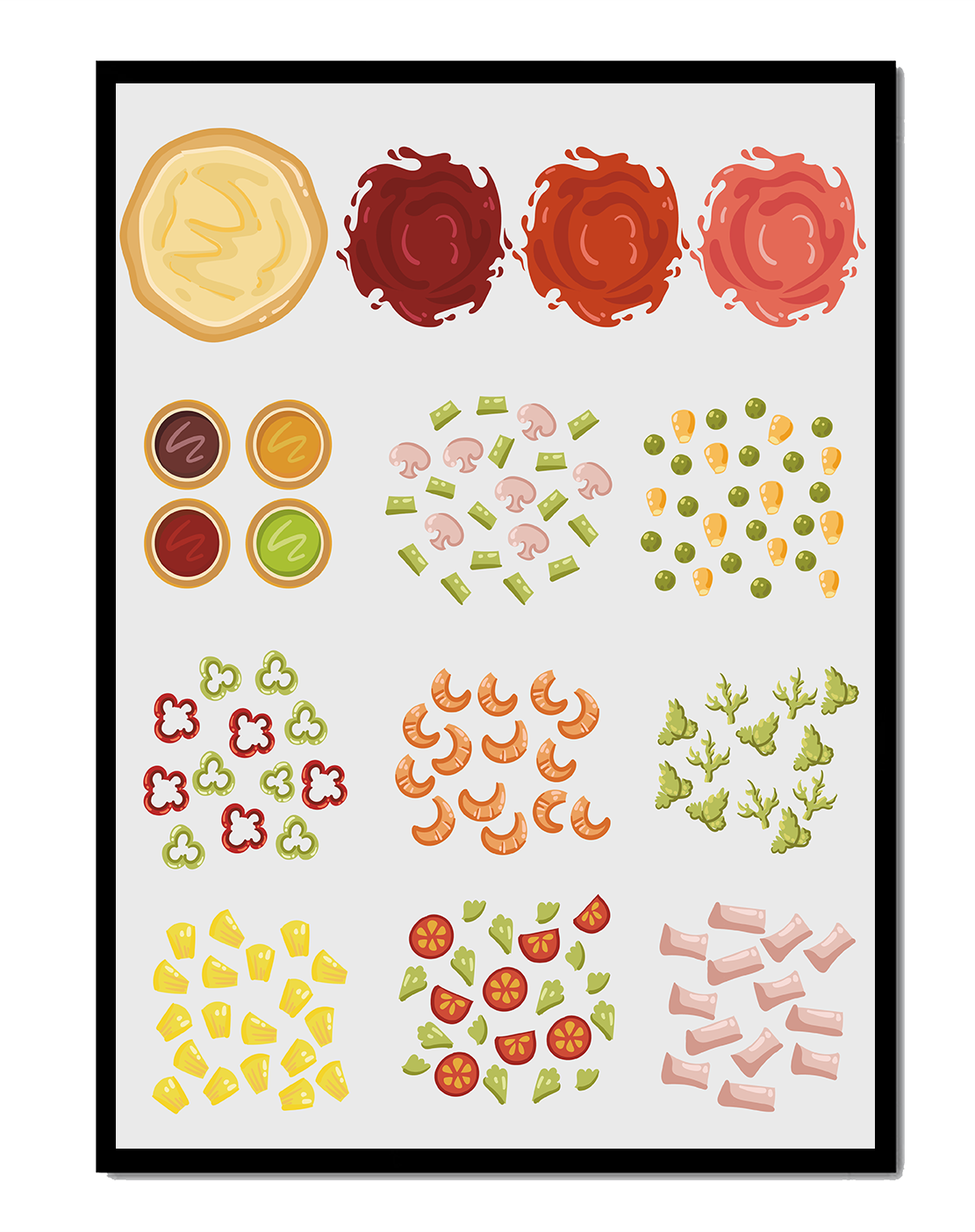Illustration of various pizza ingredients and toppings