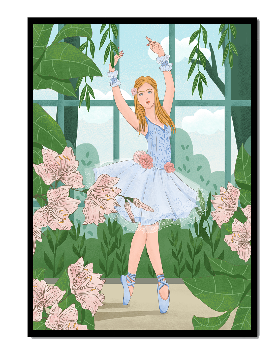 Elegant ballet dancer in a floral and botanical setting