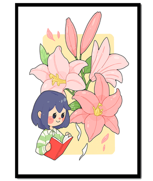 Illustration d'une fille lisant avec de grands lys roses en arrière-plan
