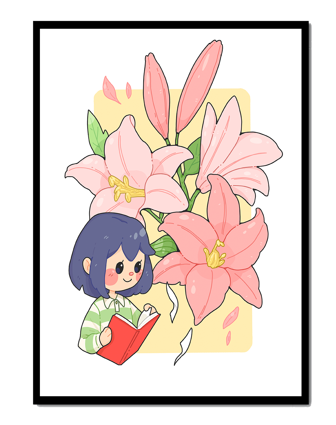 Illustration of a girl reading with large pink lilies in the background