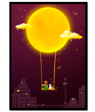 Whimsical night scene with a girl and a rabbit on a swing beneath a glowing moon