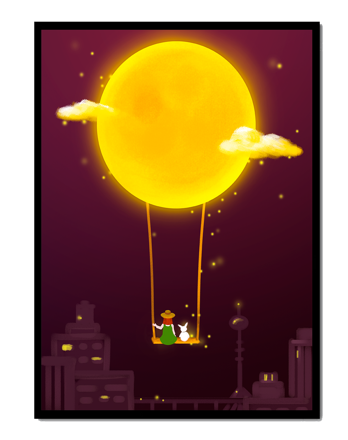 Whimsical night scene with a girl and a rabbit on a swing beneath a glowing moon
