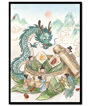 Dragon and Steamed Dumplings with Children in a Mountainous Landscape