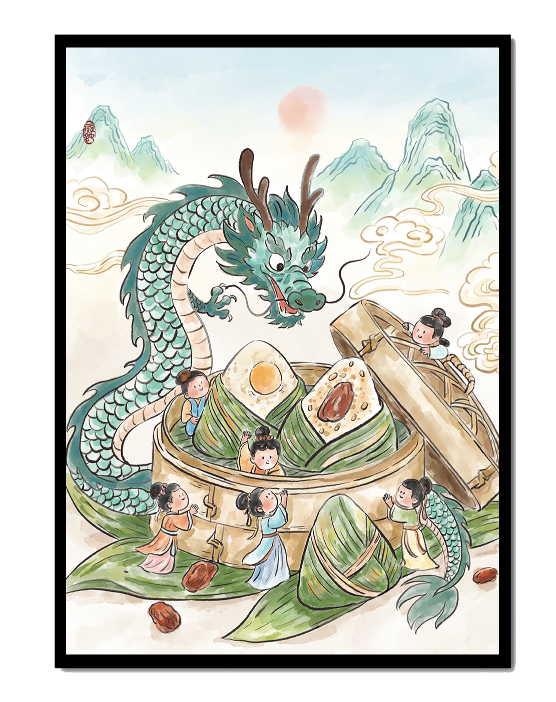 Dragón y dumplings al vapor con niños en un paisaje montañoso