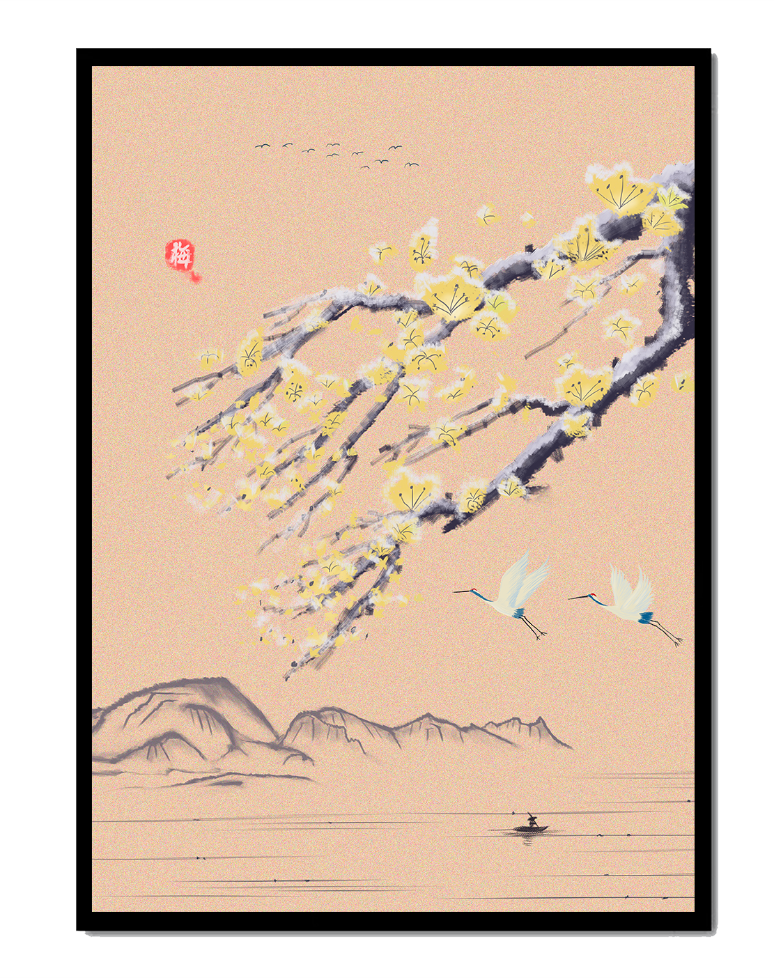 Tranquil landscape with blooming branches and flying cranes