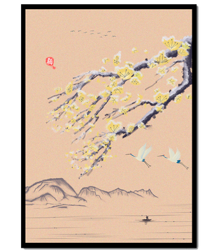 Tranquil landscape with blooming branches and flying cranes