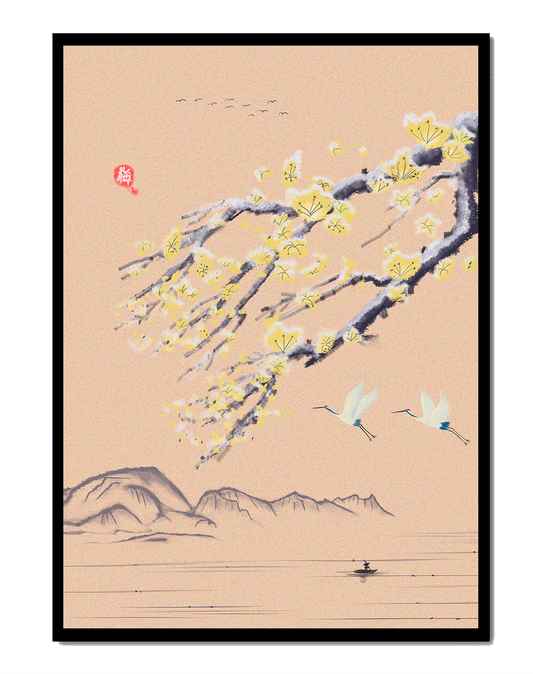 Tranquil landscape with blooming branches and flying cranes