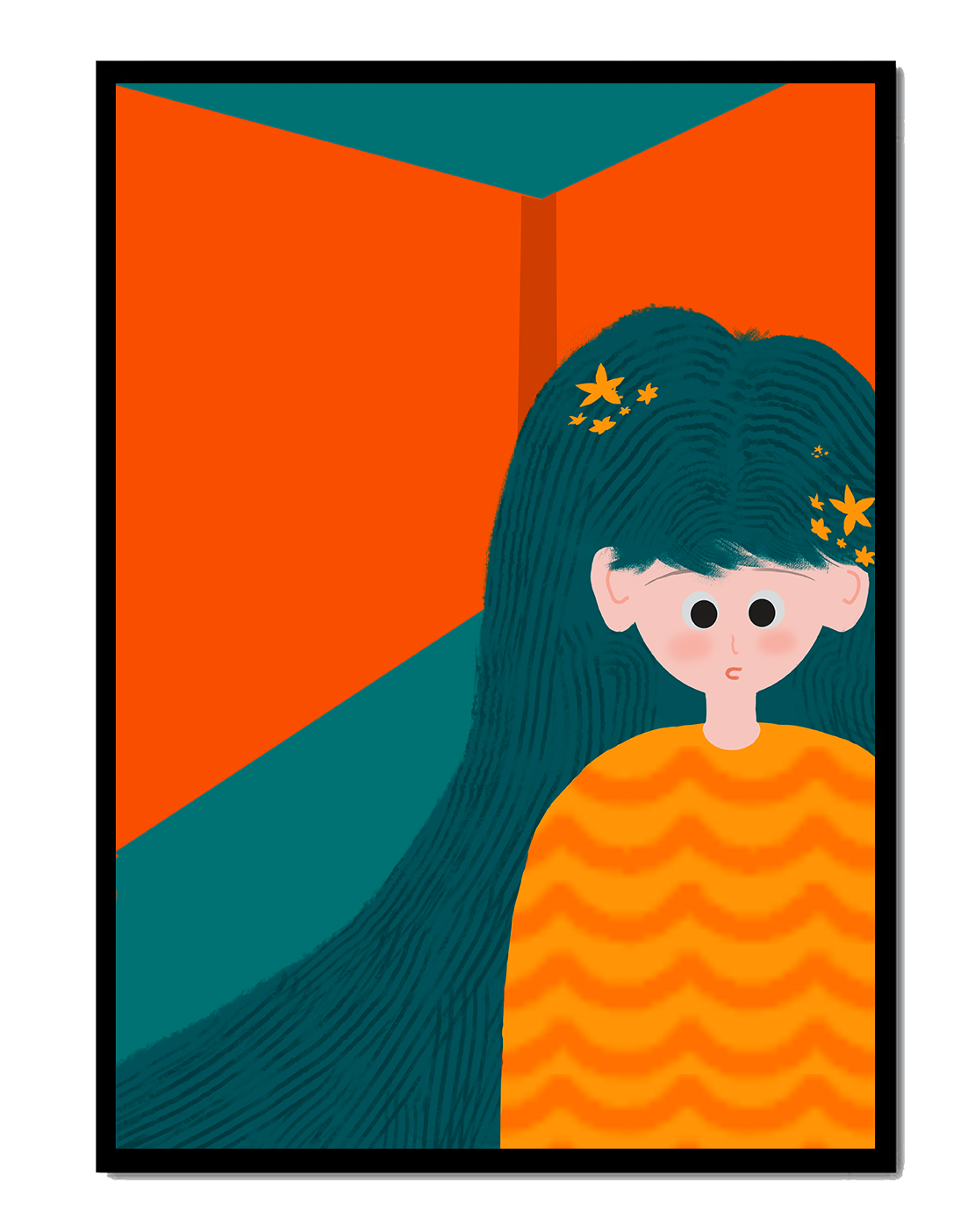 Colorful abstract illustration of a character with teal hair and orange background