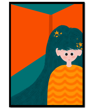 Colorful abstract illustration of a character with teal hair and orange background