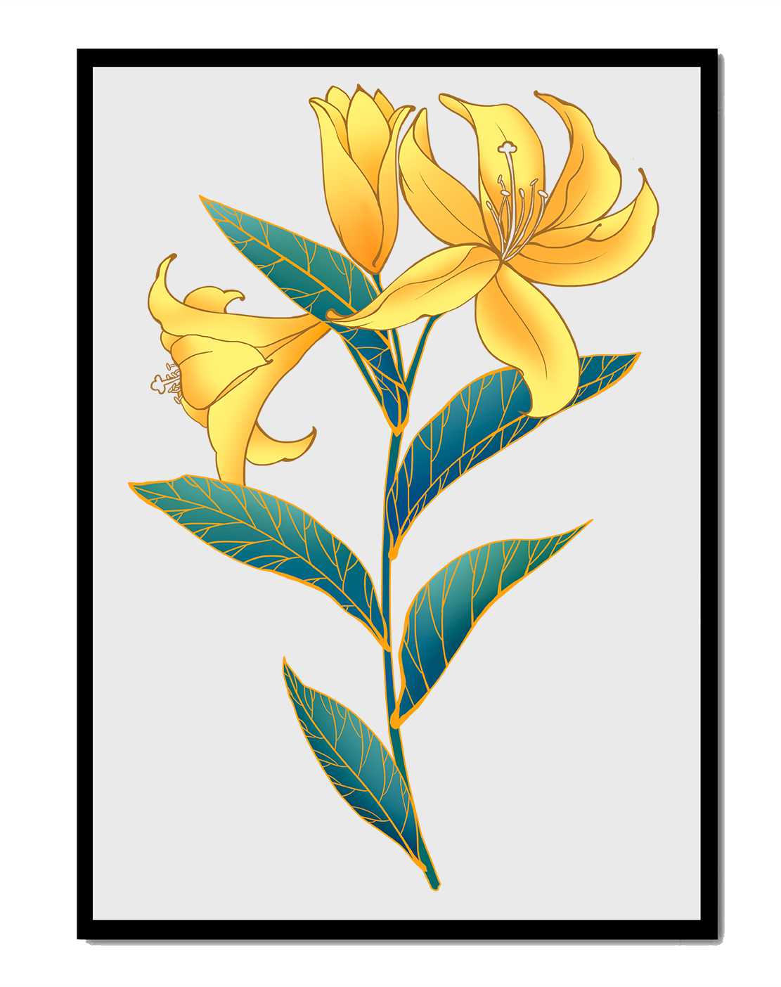 Elegant golden lily illustration with intricate leaf details