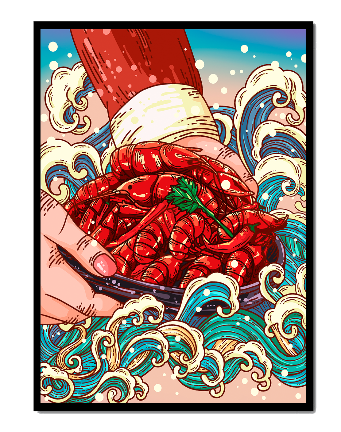 Colorful Cartoon Illustration of Hand Holding Crawfish Over Decorative Waves