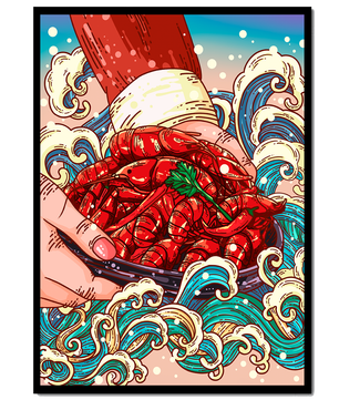 Colorful Cartoon Illustration of Hand Holding Crawfish Over Decorative Waves