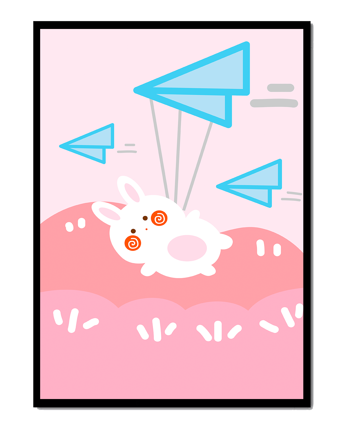 Adorable cartoon bunny flying with paper planes on a pink background