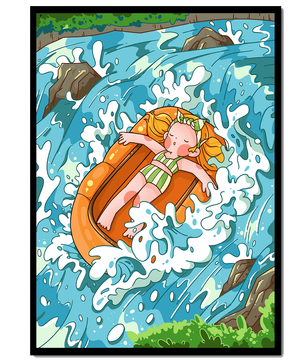 Adventurous raft ride down a vibrant cartoon river with character