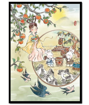 Charmante orientalische Szene mit Kaninchen, Mädchen und Kumquats in der Natur