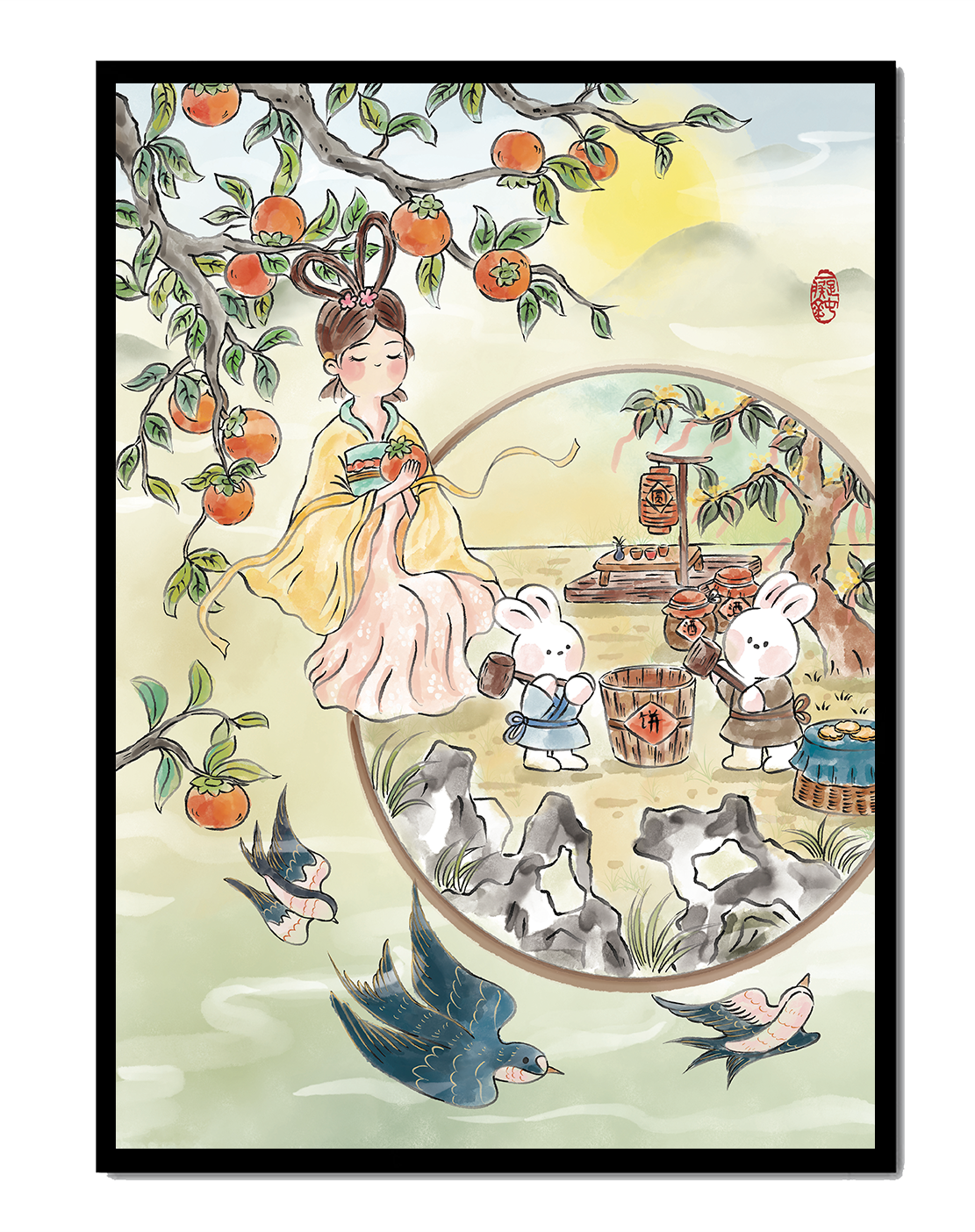 Charmante orientalische Szene mit Kaninchen, Mädchen und Kumquats in der Natur