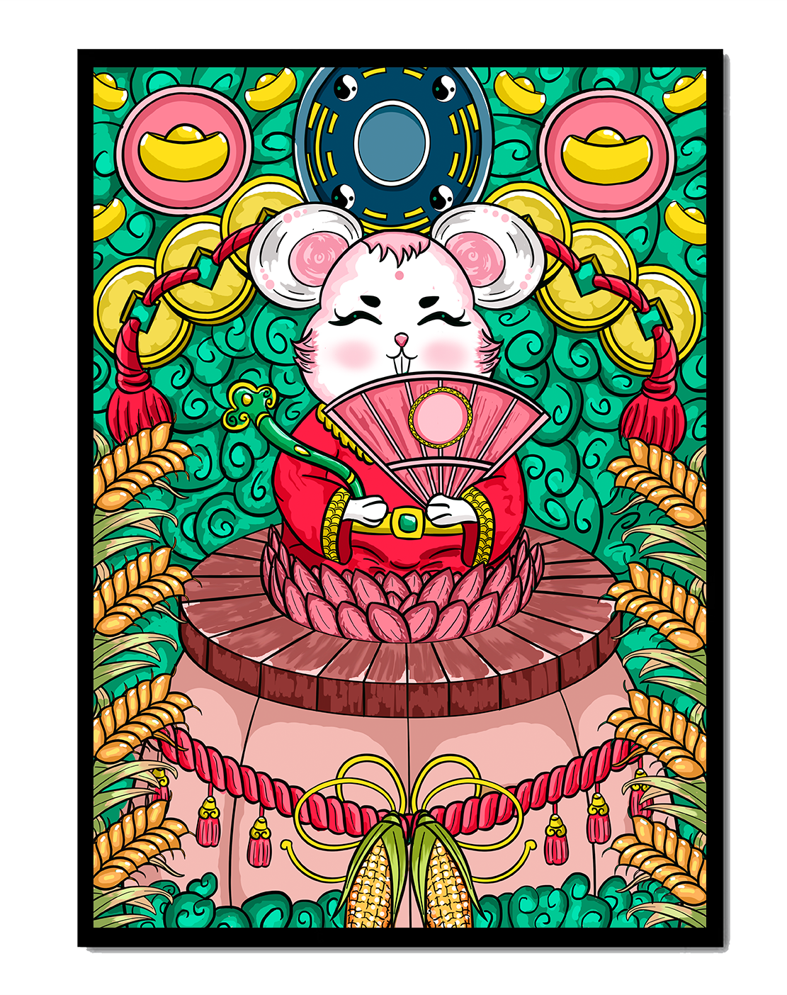 Simpático ratón decorativo con elementos asiáticos y monedas sobre un fondo vibrante